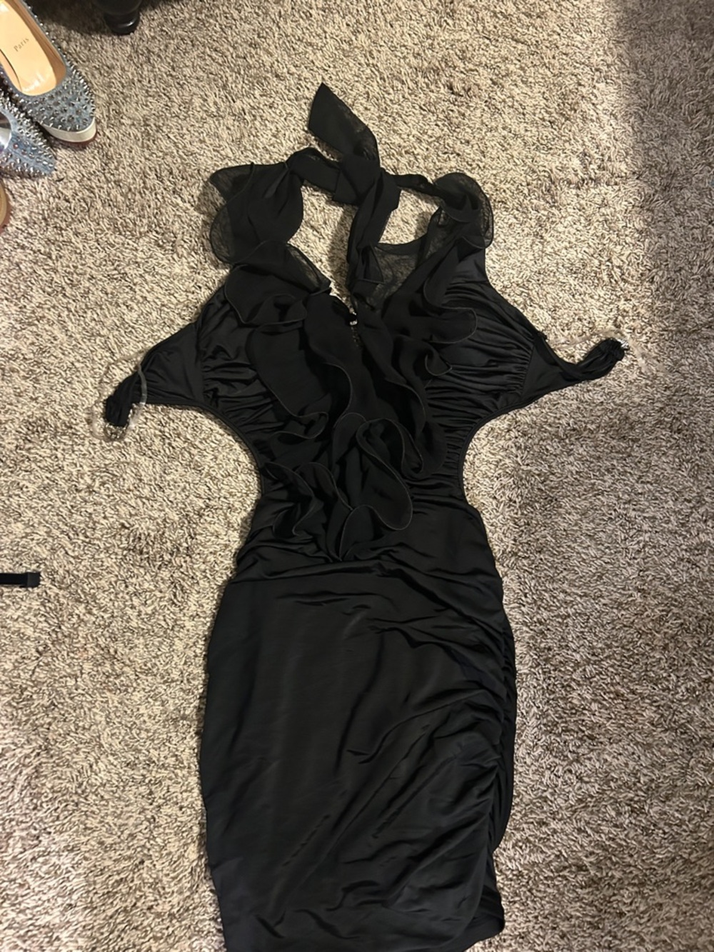 Hot Miami Styles Black Asymmetrical Ruffle Halter Dress